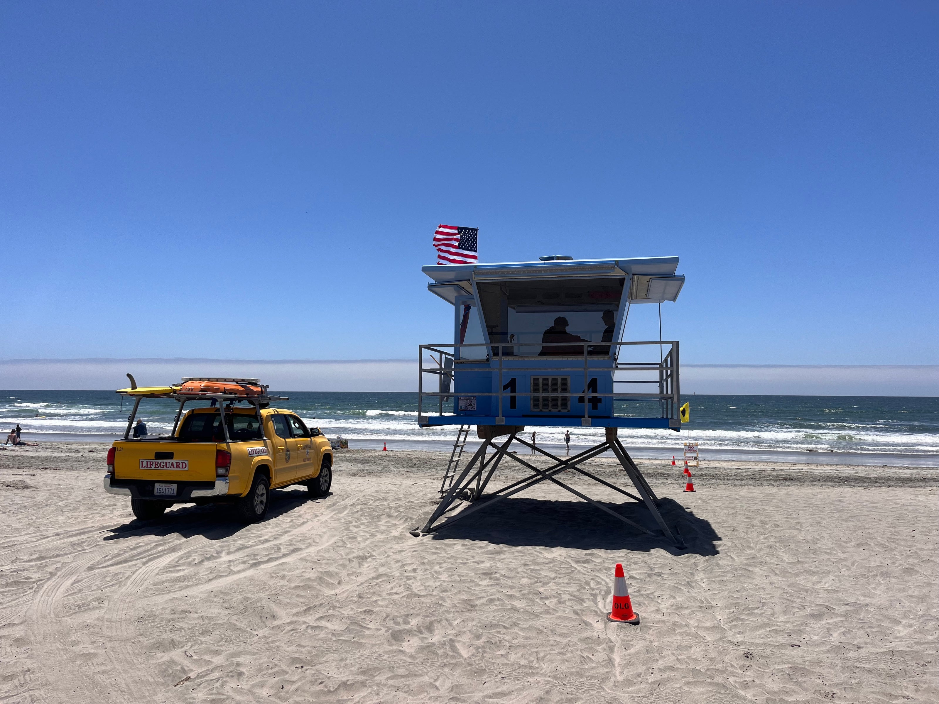 Oceanside Harbor tower 14 lifeguard truck sand wind
