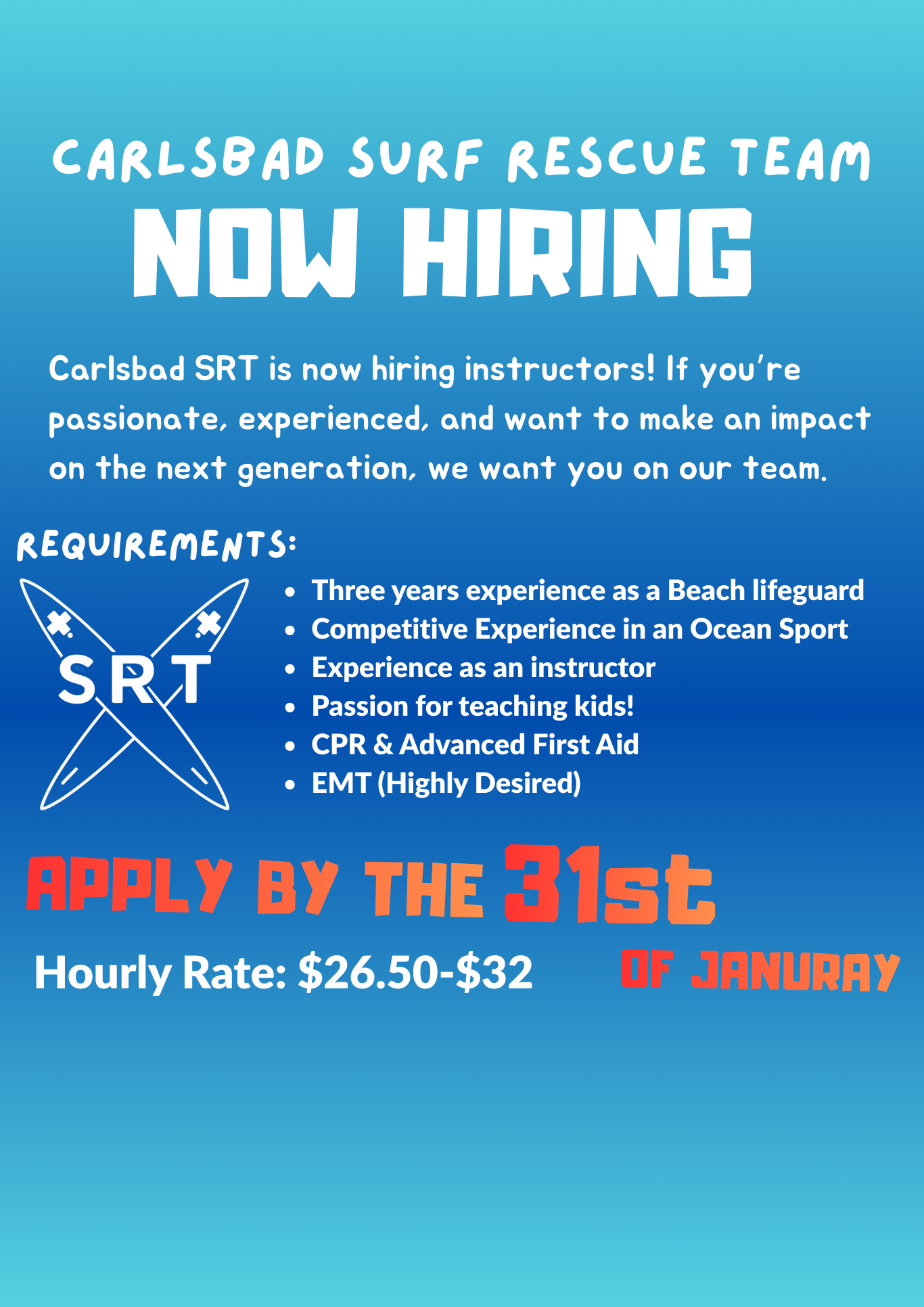 Carlsbad Surf Rescue Team hiring announcement with job requirements and application details on a blue background.