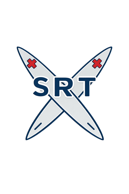 Logo with 'SRT' text and crossed swords on a white background Carlsbad Surf Rescue Team