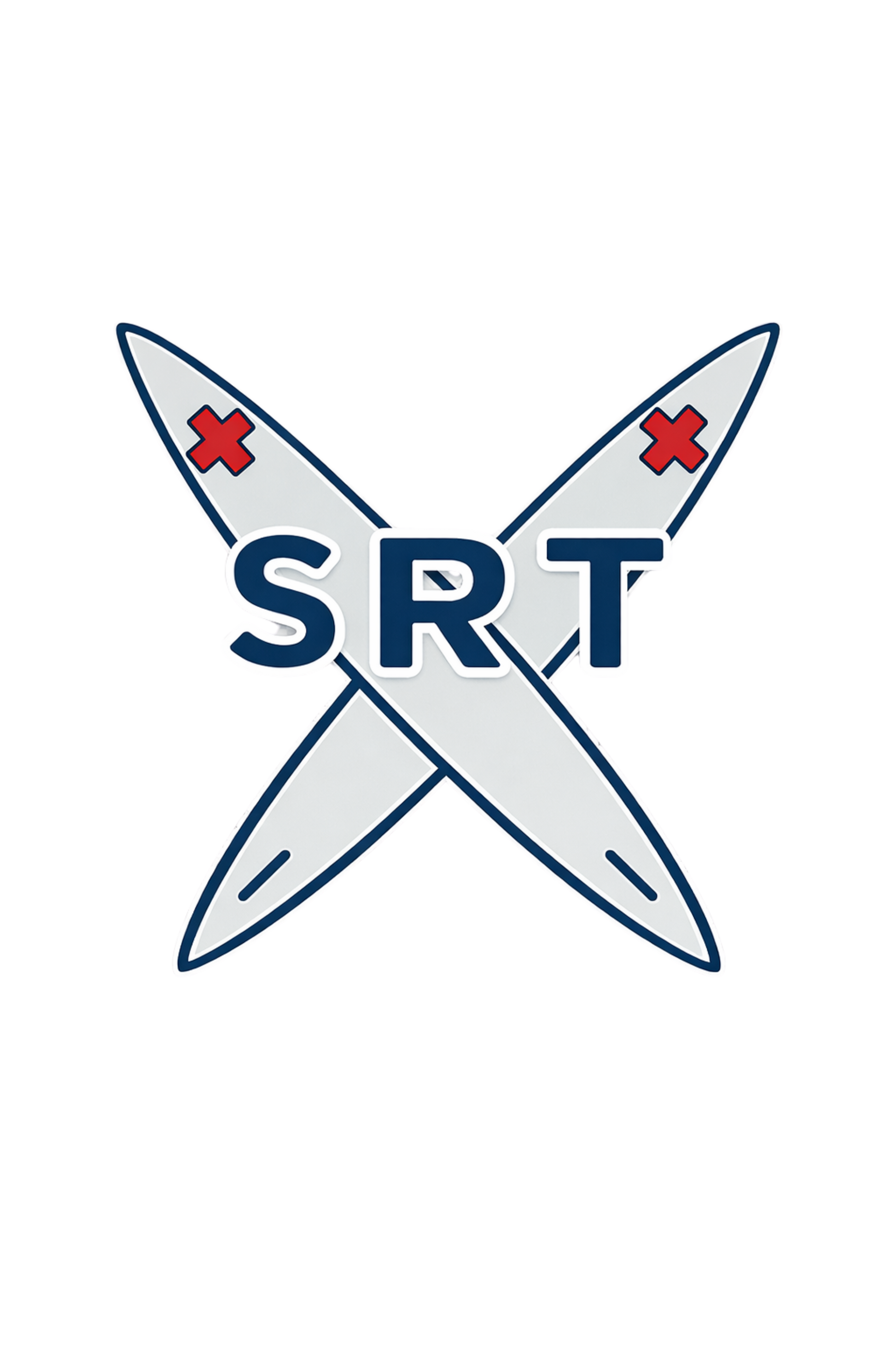 Logo with 'SRT' text and crossed swords on a white background Carlsbad Surf Rescue Team