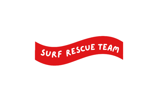 Red banner with 'Surf Rescue Team' text on a white background